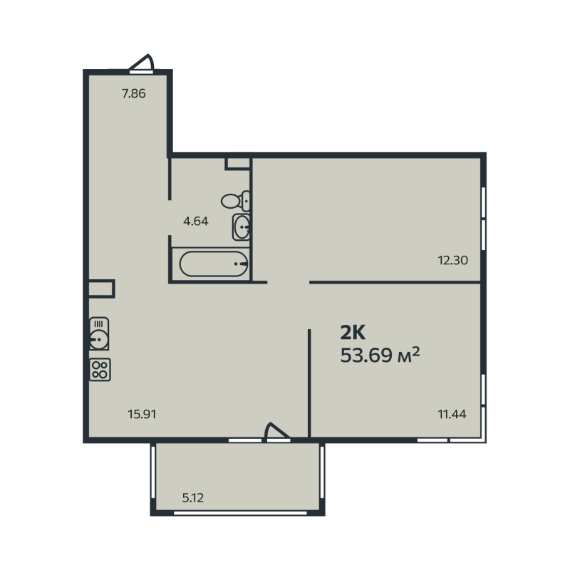 3-комнатная (Евро) квартира, 53.69 м² - планировка, фото №1