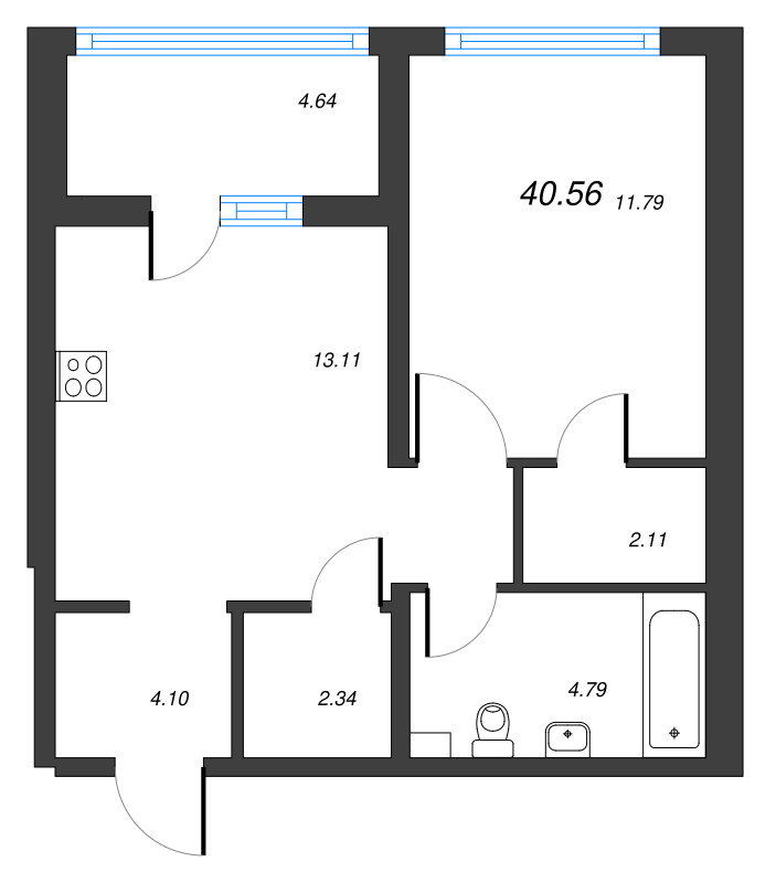 1-комнатная квартира, 40.56 м² - планировка, фото №1