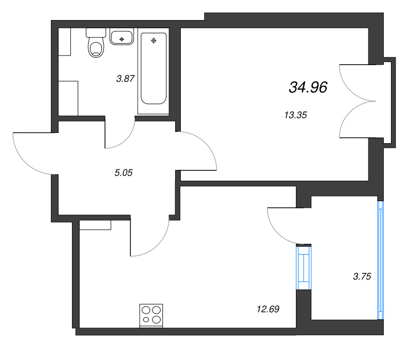 1-комнатная квартира, 34.96 м² - планировка, фото №1