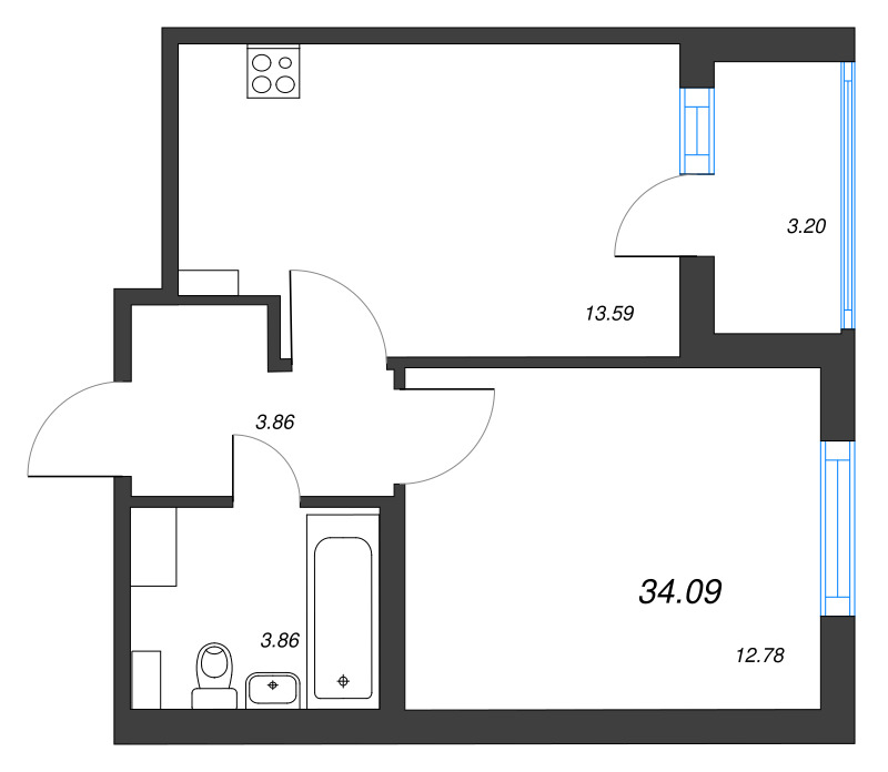 1-комнатная квартира, 34.09 м² - планировка, фото №1