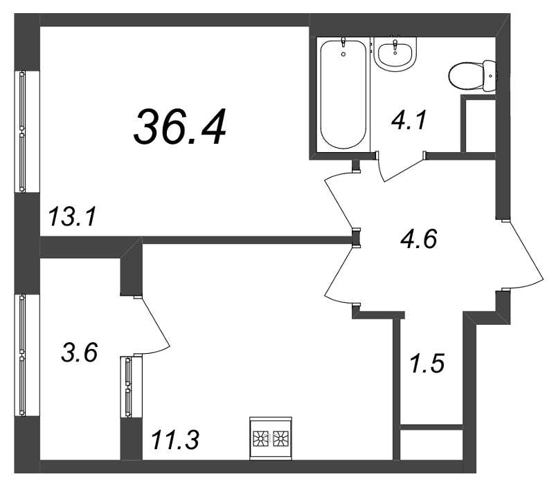 1-комнатная квартира, 36.4 м² в ЖК "Галактика" - планировка, фото №1