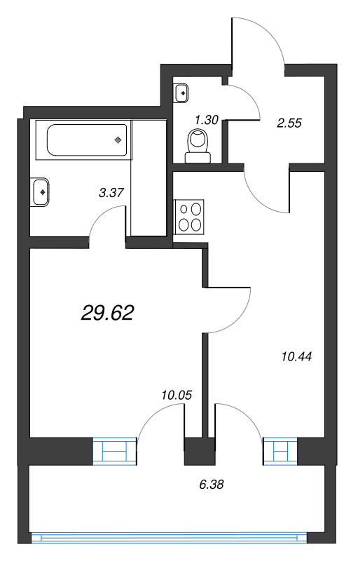1-комнатная квартира, 29.62 м² - планировка, фото №1