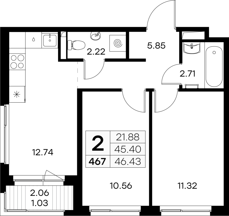 2-комнатная квартира, 46.43 м² - планировка, фото №1