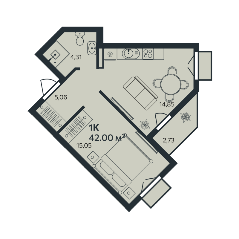 1-комнатная квартира, 42 м² - планировка, фото №1