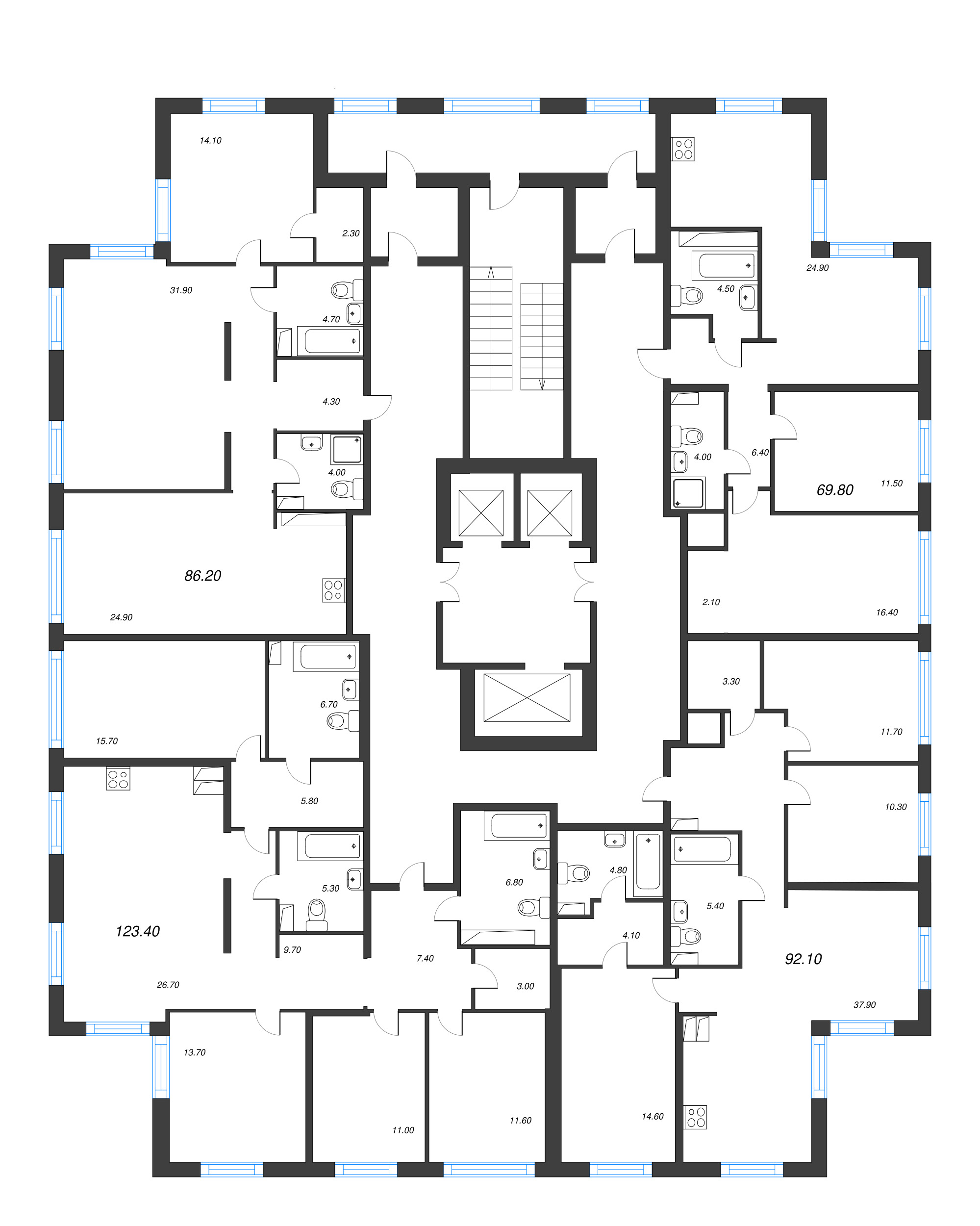 3-комнатная (Евро) квартира, 86.2 м² в ЖК "Струны" - планировка этажа