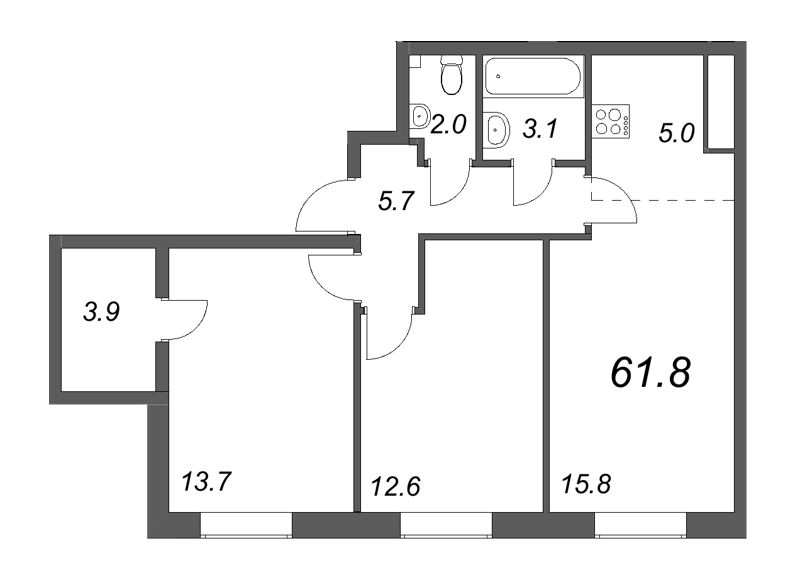 3-комнатная (Евро) квартира, 61.4 м² - планировка, фото №1