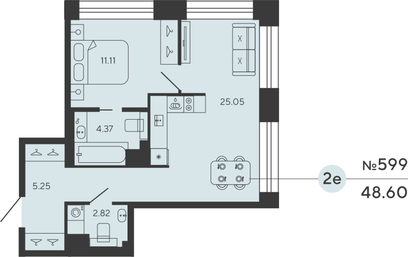 2-комнатная (Евро) квартира, 48.6 м² в ЖК "Башни Элемент" - планировка, фото №1