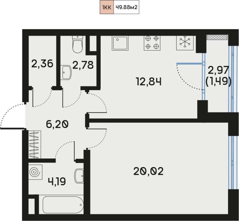 1-комнатная квартира, 49.88 м² - планировка, фото №1
