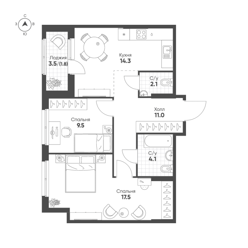 2-комнатная квартира, 60.3 м² в ЖК "Ягодное Река Парк" - планировка, фото №1