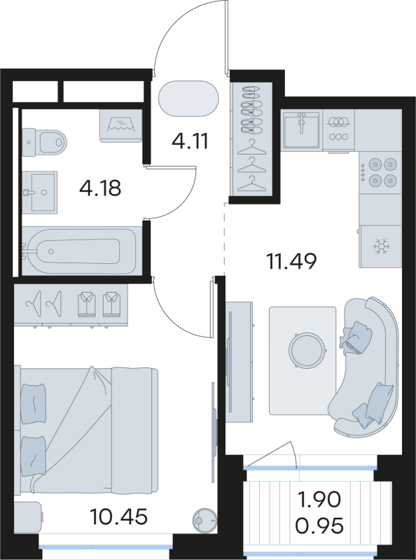 1-комнатная квартира, 31.18 м² в ЖК "Новоселье" - планировка, фото №1