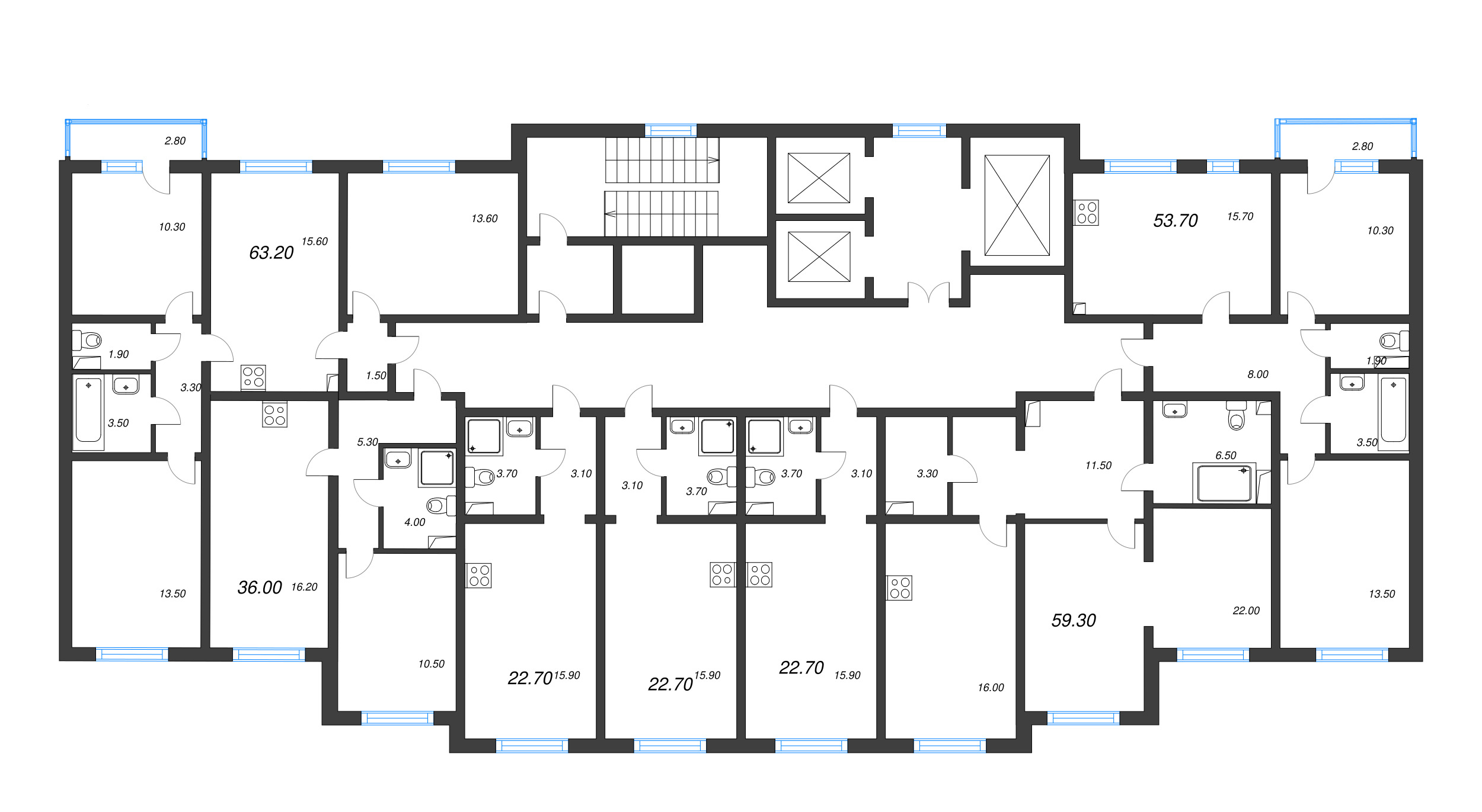 3-комнатная (Евро) квартира, 64 м² в ЖК "Ручьи" - планировка этажа