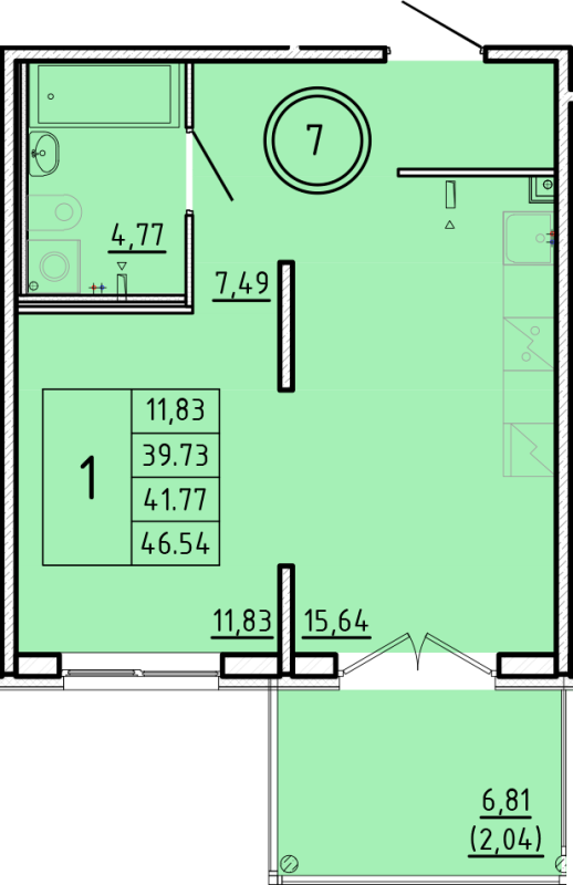 2-комнатная (Евро) квартира, 39.73 м² - планировка, фото №1