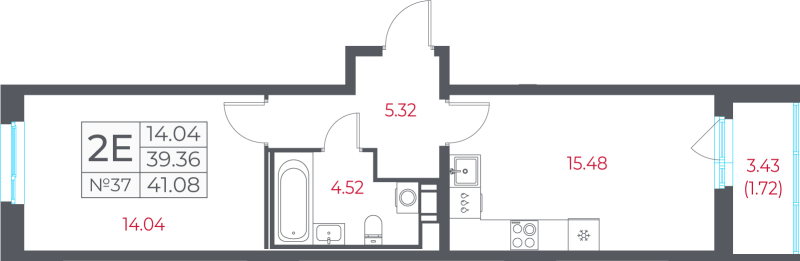 2-комнатная (Евро) квартира, 41.08 м² в ЖК "Город-спутник Южный" - планировка, фото №1