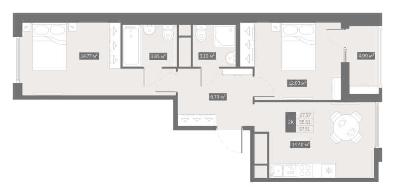 2-комнатная квартира, 57.51 м² в ЖК "UP-квартал Новый Московский" - планировка, фото №1