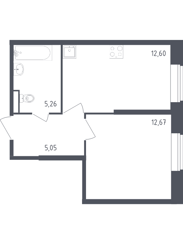 1-комнатная квартира, 35.58 м² - планировка, фото №1