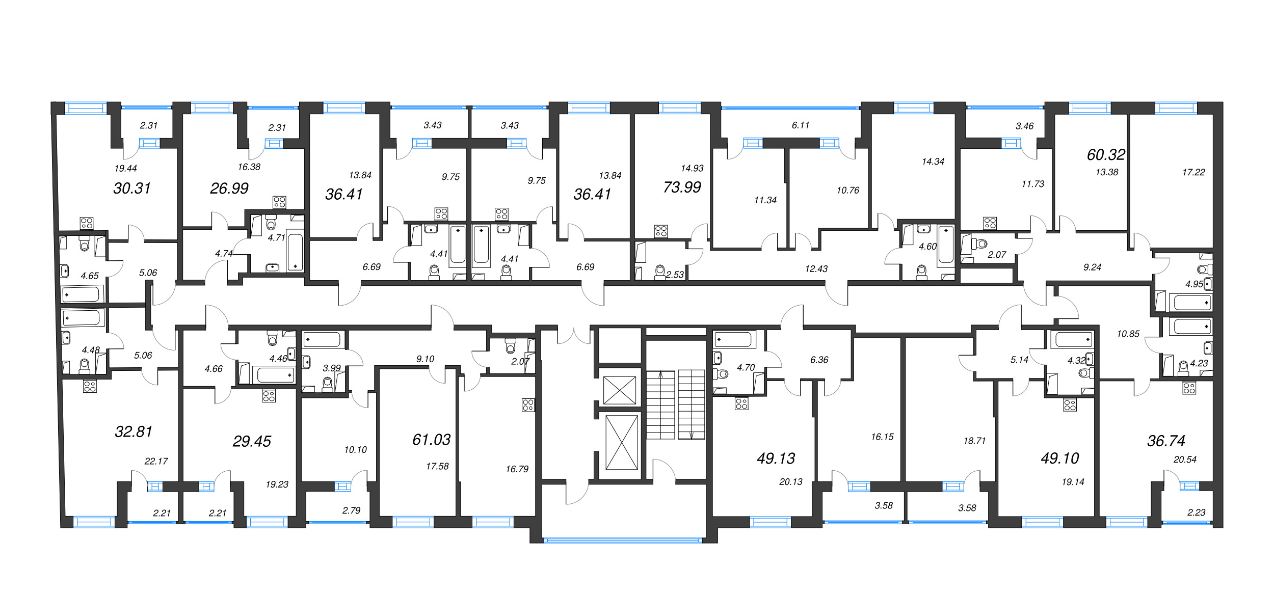 3-комнатная (Евро) квартира, 61.03 м² - планировка этажа