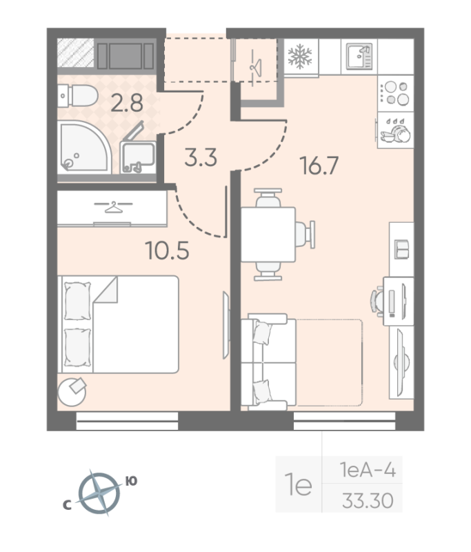 1-комнатная квартира, 33.3 м² в ЖК "Октябрьская набережная" - планировка, фото №1