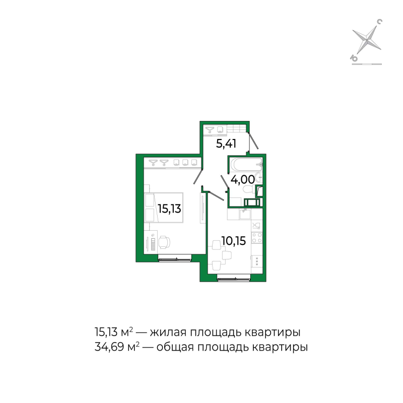 1-комнатная квартира, 34.3 м² в ЖК "Сертолово Парк" - планировка, фото №1