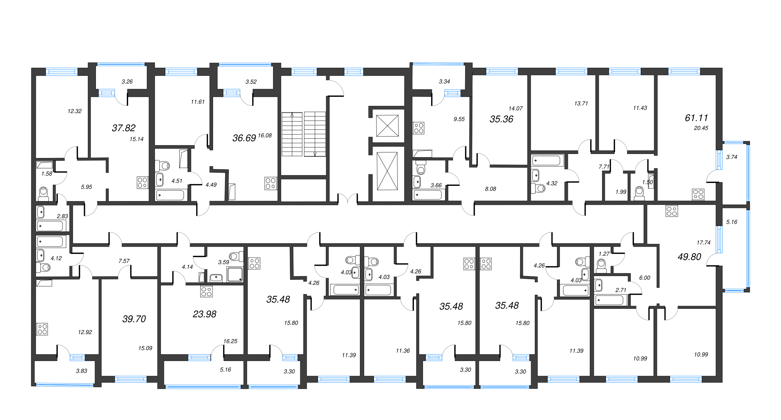 3-комнатная (Евро) квартира, 57.36 м² - планировка этажа