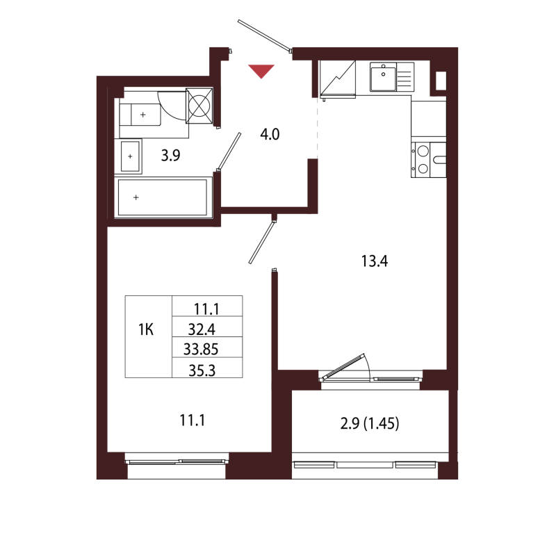 1-комнатная квартира, 33.85 м² в ЖК "Лисино" - планировка, фото №1