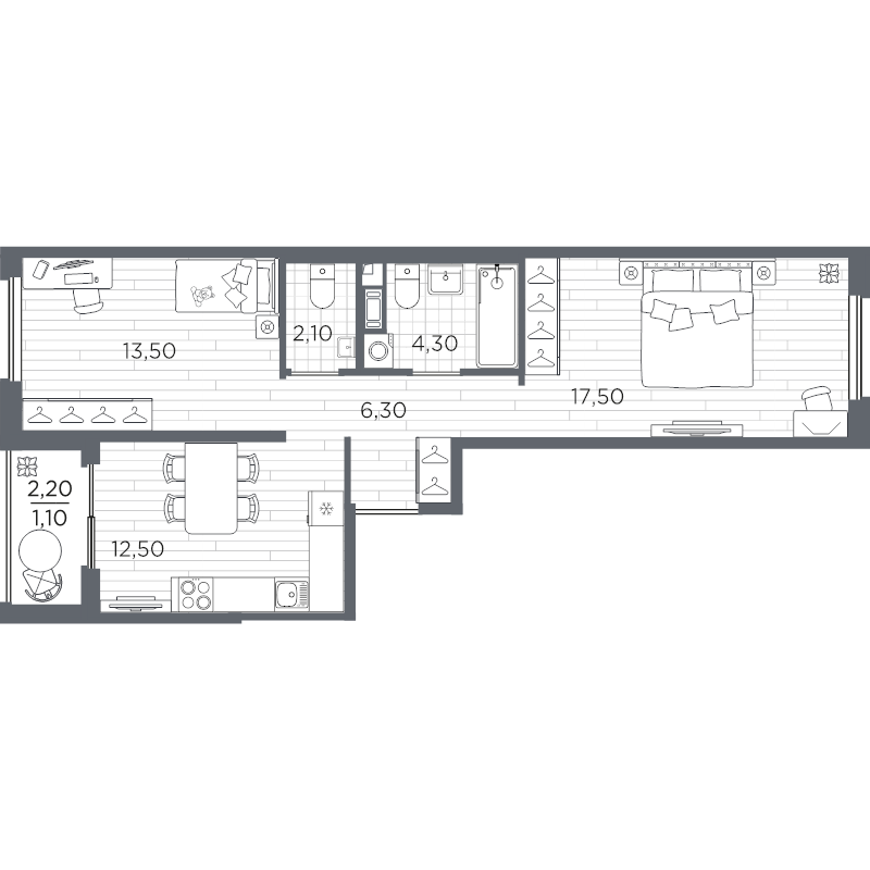 2-комнатная квартира, 57.3 м² в ЖК "PLUS Пулковский" - планировка, фото №1