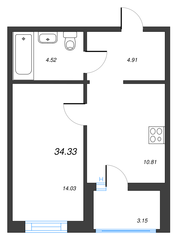 1-комнатная квартира, 34.33 м² в ЖК "Чёрная речка" - планировка, фото №1