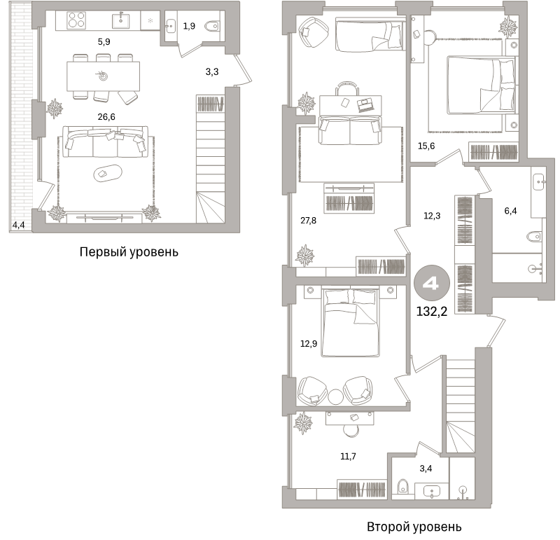 5-комнатная (Евро) квартира, 132.2 м² в ЖК "Северный ветер" - планировка, фото №1