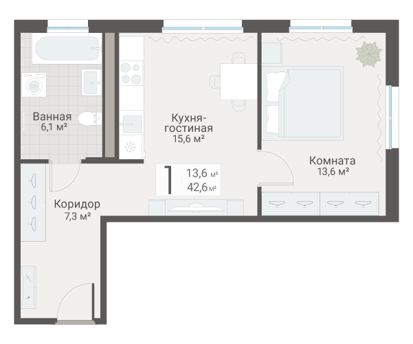 2-комнатная (Евро) квартира, 42.6 м² в ЖК "Руднева 15" - планировка, фото №1