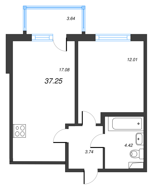 2-комнатная (Евро) квартира, 37.25 м² в ЖК "ЮгТаун" - планировка, фото №1