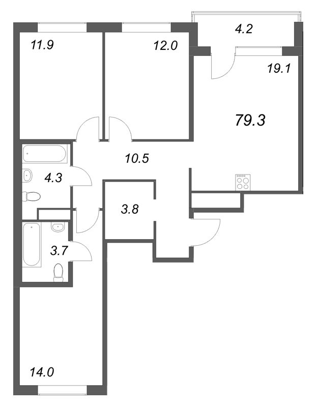 4-комнатная (Евро) квартира, 79.3 м² в ЖК "Передвижники" - планировка, фото №1