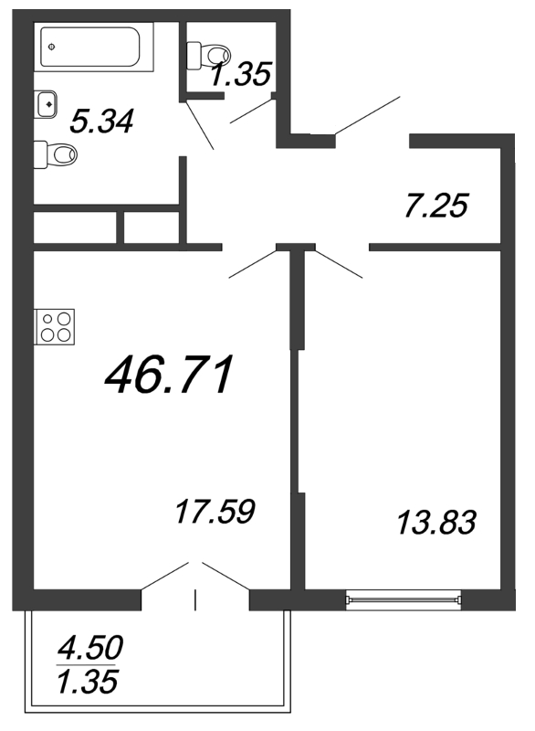 2-комнатная (Евро) квартира, 46.8 м² - планировка, фото №1
