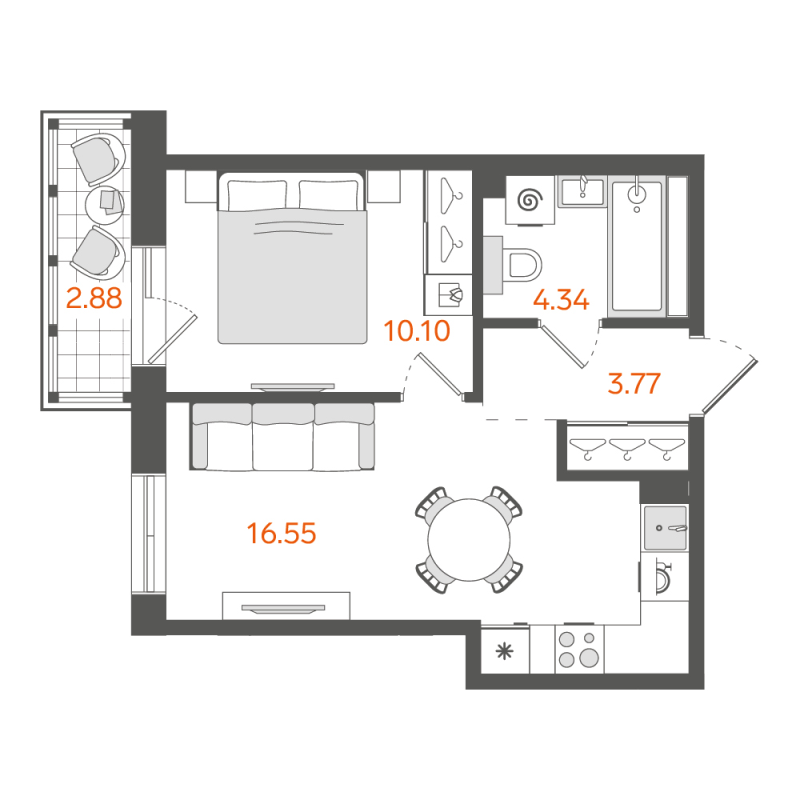 2-комнатная (Евро) квартира, 35.24 м² в ЖК "STAVNI Обводный" - планировка, фото №1