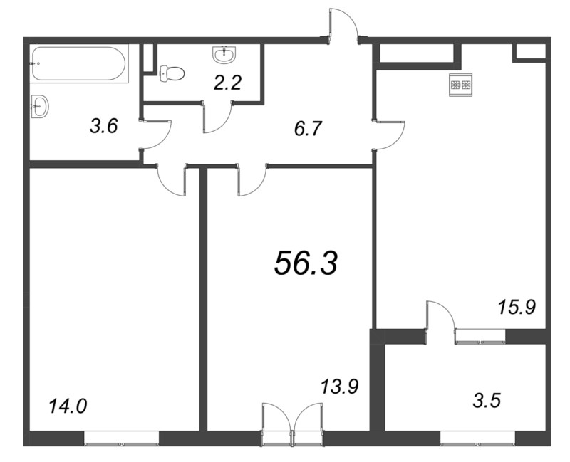 3-комнатная (Евро) квартира, 55.7 м² - планировка, фото №1