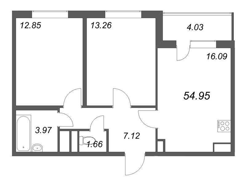 3-комнатная (Евро) квартира, 54.95 м² в ЖК "ЮгТаун" - планировка, фото №1