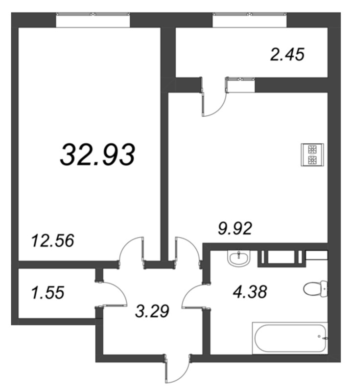 1-комнатная квартира, 32.93 м² в ЖК "БелАрт" - планировка, фото №1