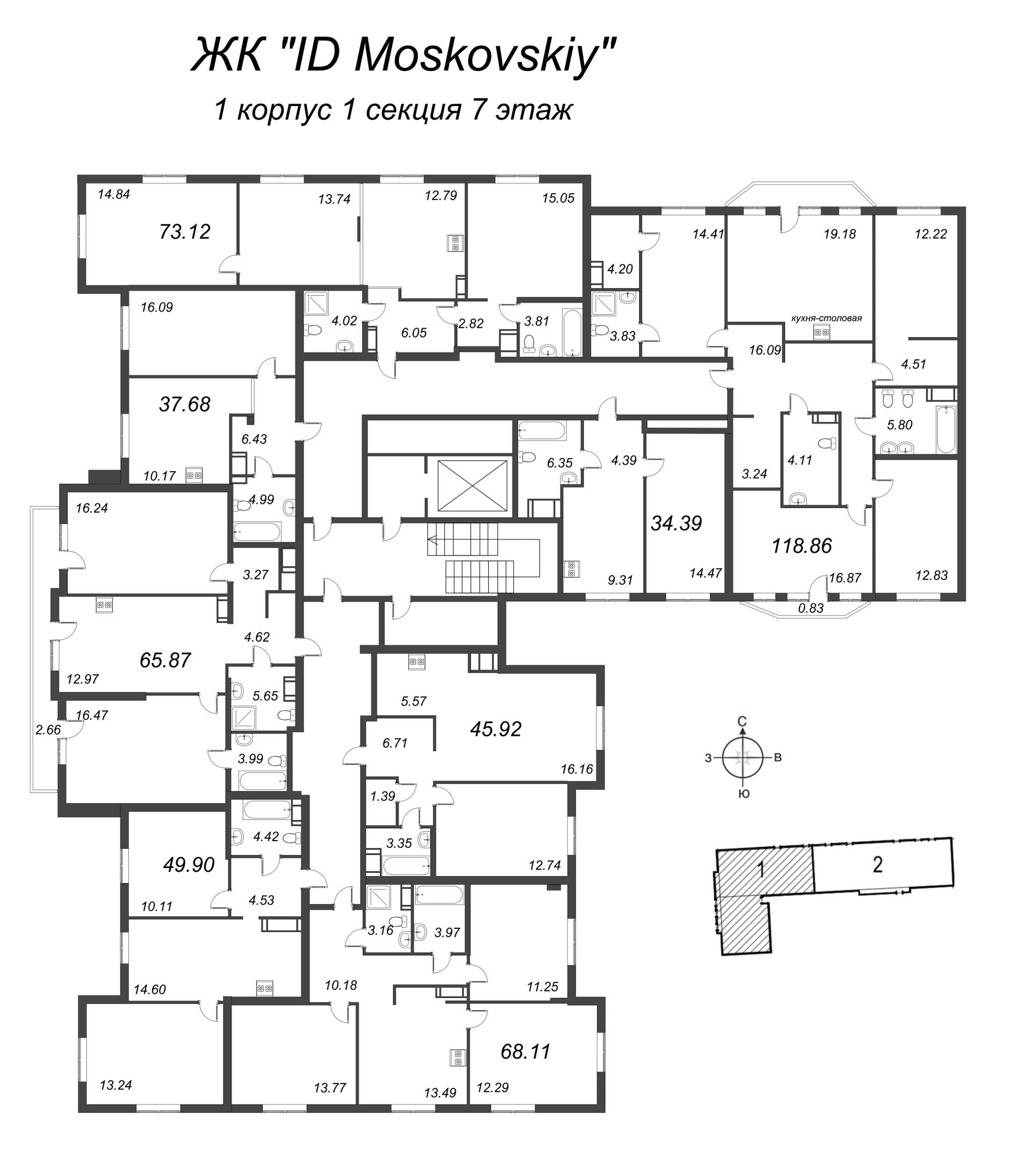 3-комнатная (Евро) квартира, 73.12 м² в ЖК "ID Moskovskiy" - планировка этажа