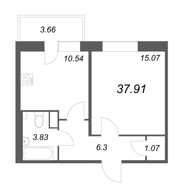 1-комнатная квартира, 37.91 м² - планировка, фото №1