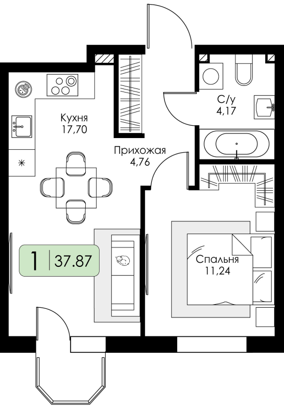 2-комнатная (Евро) квартира, 37.87 м² в ЖК "Всевгород" - планировка, фото №1