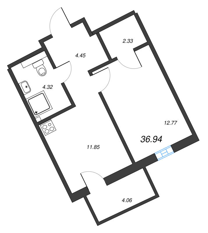1-комнатная квартира, 36.94 м² в ЖК "Рощино Residence" - планировка, фото №1