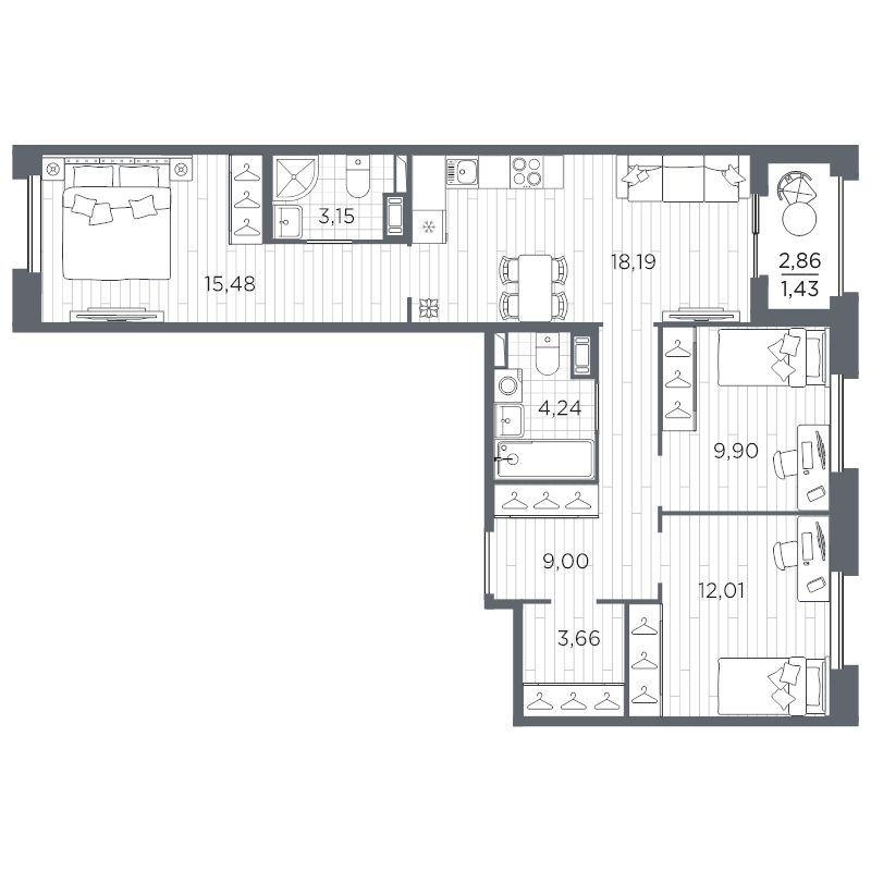 4-комнатная (Евро) квартира, 77.06 м² в ЖК "Оптимист" - планировка, фото №1