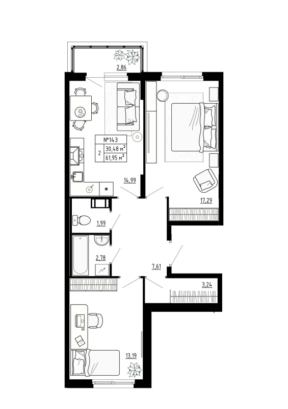 2-комнатная квартира, 61.95 м² - планировка, фото №1