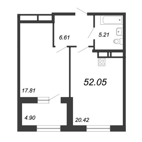 1-комнатная квартира, 53.1 м² - планировка, фото №1