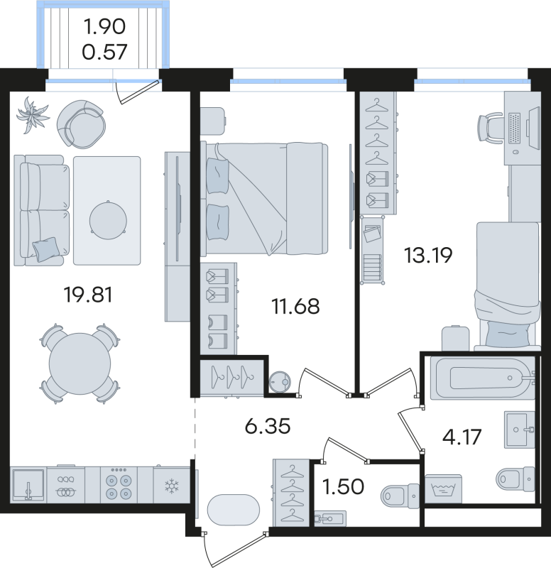 3-комнатная (Евро) квартира, 57.27 м² в ЖК "Романовка" - планировка, фото №1