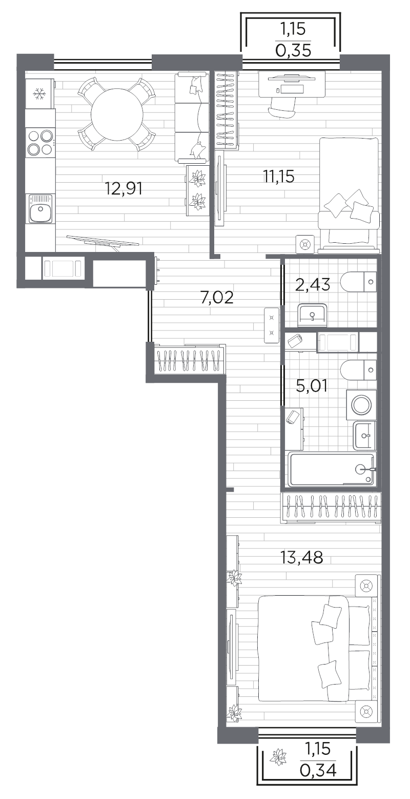 2-комнатная квартира, 52.69 м² в ЖК "PLUS Пулковский" - планировка, фото №1