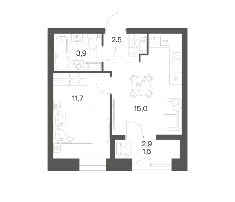 2-комнатная (Евро) квартира, 34.52 м² в ЖК "Новый Питер" - планировка, фото №1