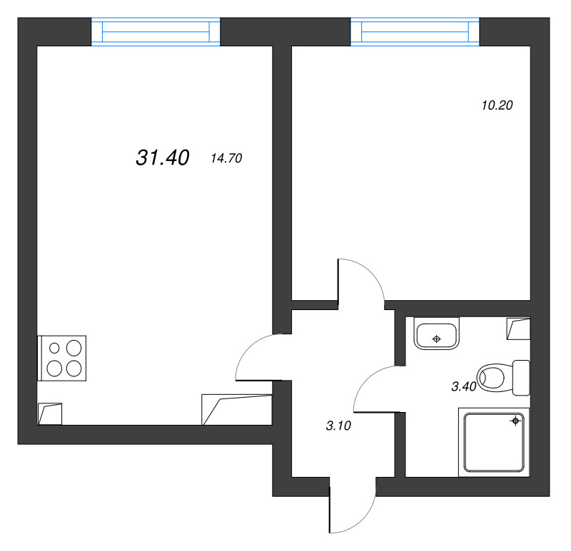 1-комнатная квартира, 31.4 м² в ЖК "Ручьи" - планировка, фото №1