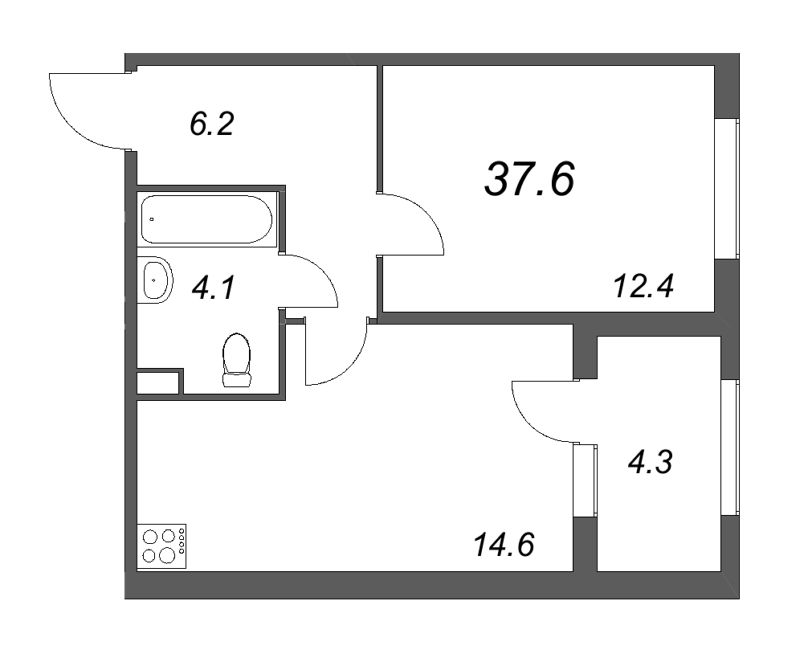 1-комнатная квартира, 37.6 м² - планировка, фото №1