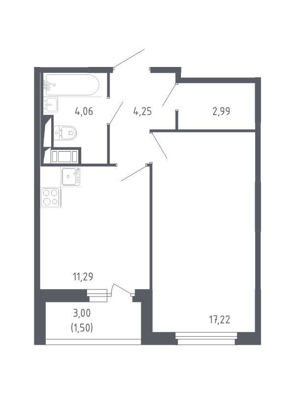 1-комнатная квартира, 41.31 м² в ЖК "Сандэй" - планировка, фото №1