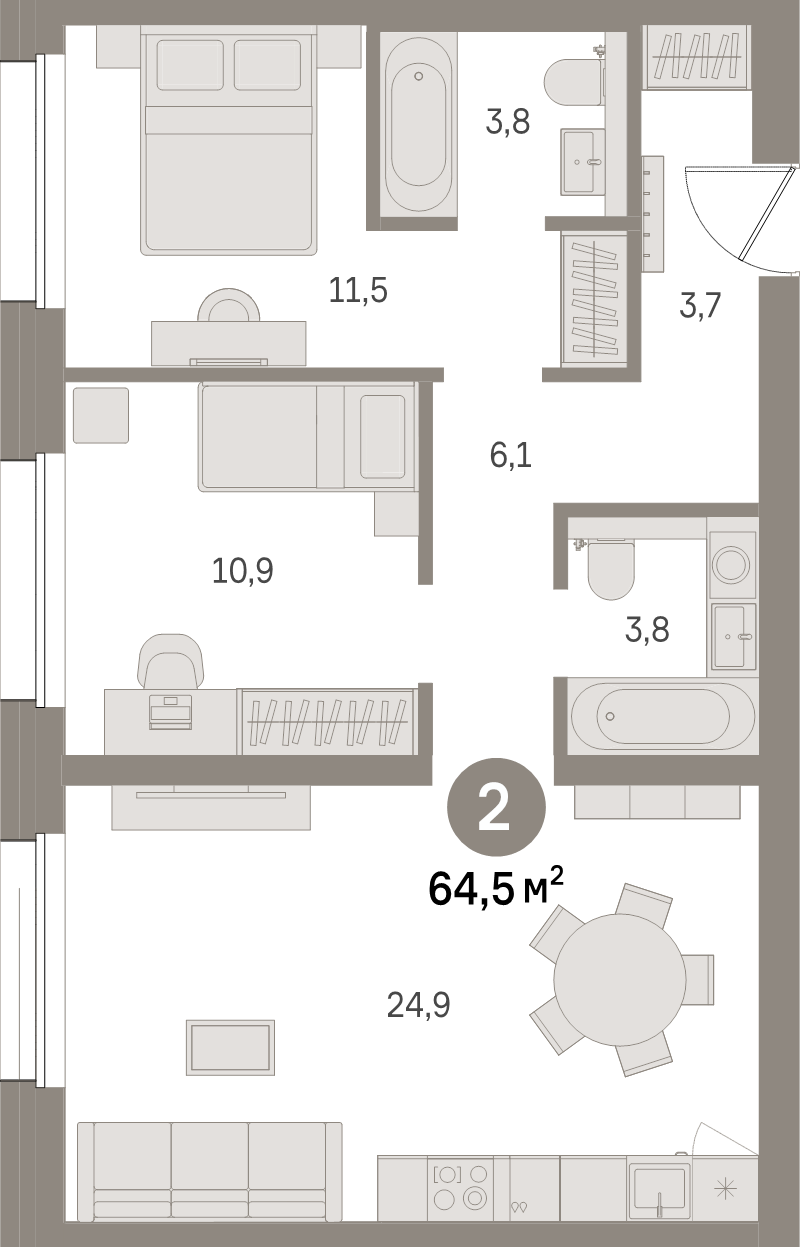 3-комнатная (Евро) квартира, 64.5 м² в ЖК "Северный ветер" - планировка, фото №1