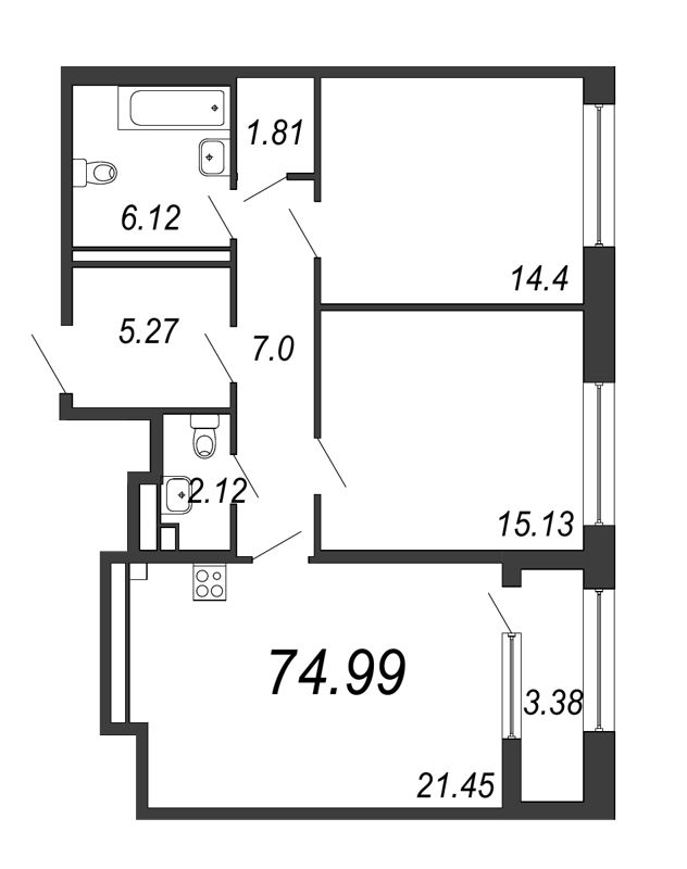 3-комнатная (Евро) квартира, 74.99 м² в ЖК "Дефанс Премиум" - планировка, фото №1